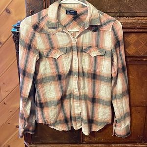 Gap Small Petite Flannel Button Down Shirt Pink and White